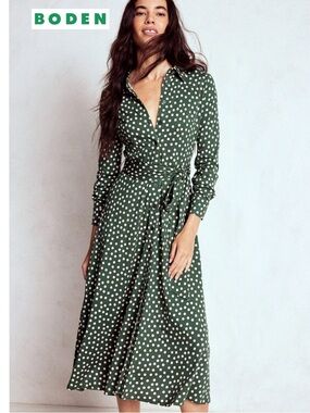 Boden Marcia Polka Dot Midi Shirt Dress 8 P Cotton Modal Belted Preppy Classic